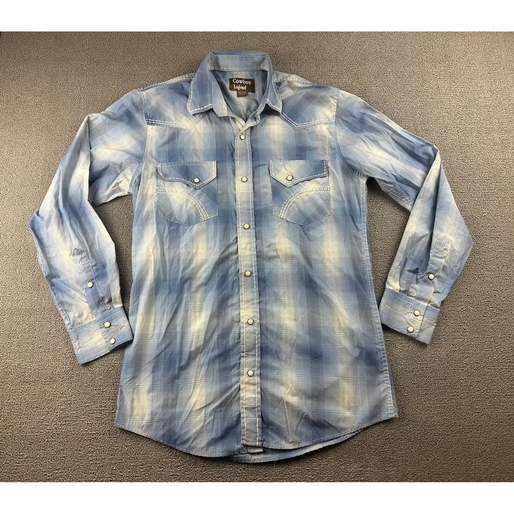 Cowboy Legend Western Shirt Men M Blue Regular Plaid‎ Cotton Blend Country Rodeo